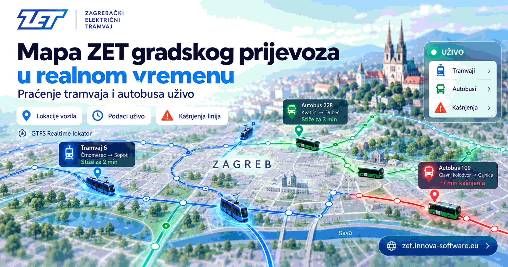 ZET Zagreb karta uživo s prikazom tramvaja i autobusa